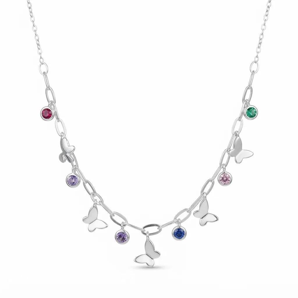 Collar de Mariposas con Circones de Colores en Plata 925