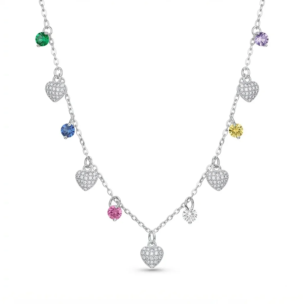 Collar de Corazones con Circones de Colores en Plata 925