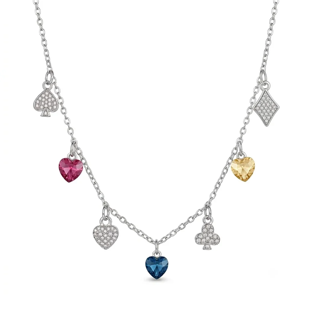 Collar de Dijes Pica, Trébol y Corazón con Circones de Colores en Plata 925