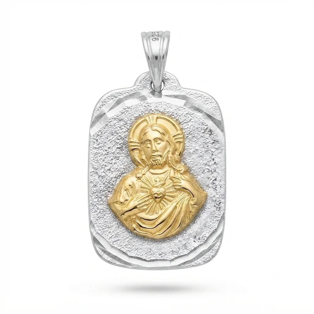Colgante Sagrado Corazón Rectangular en Plata 925 con Oro